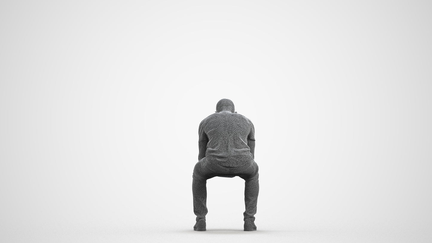 realistic 3D human man casual sitting, archviz people FBX OBJ for Blender, wireframe front view