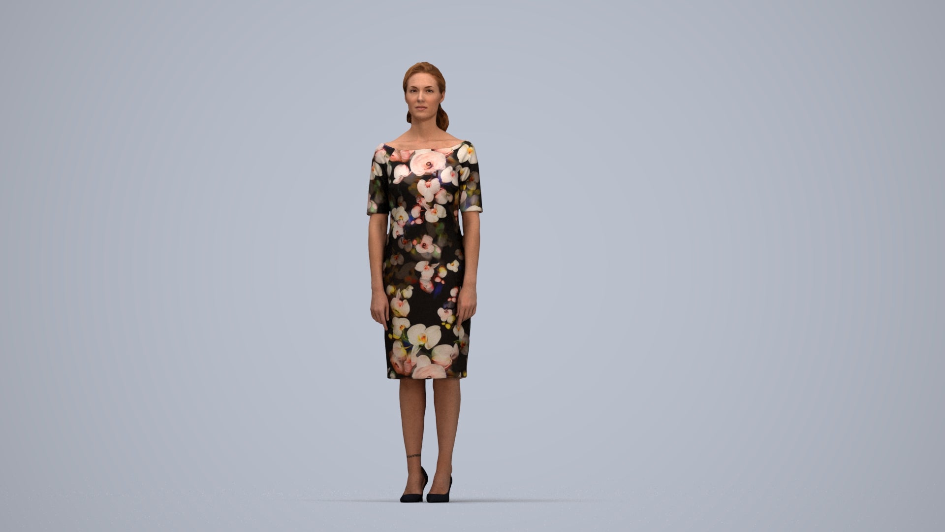 photogrammetry 3D woman casual standing, realistic human model archviz FBX, top-down view render