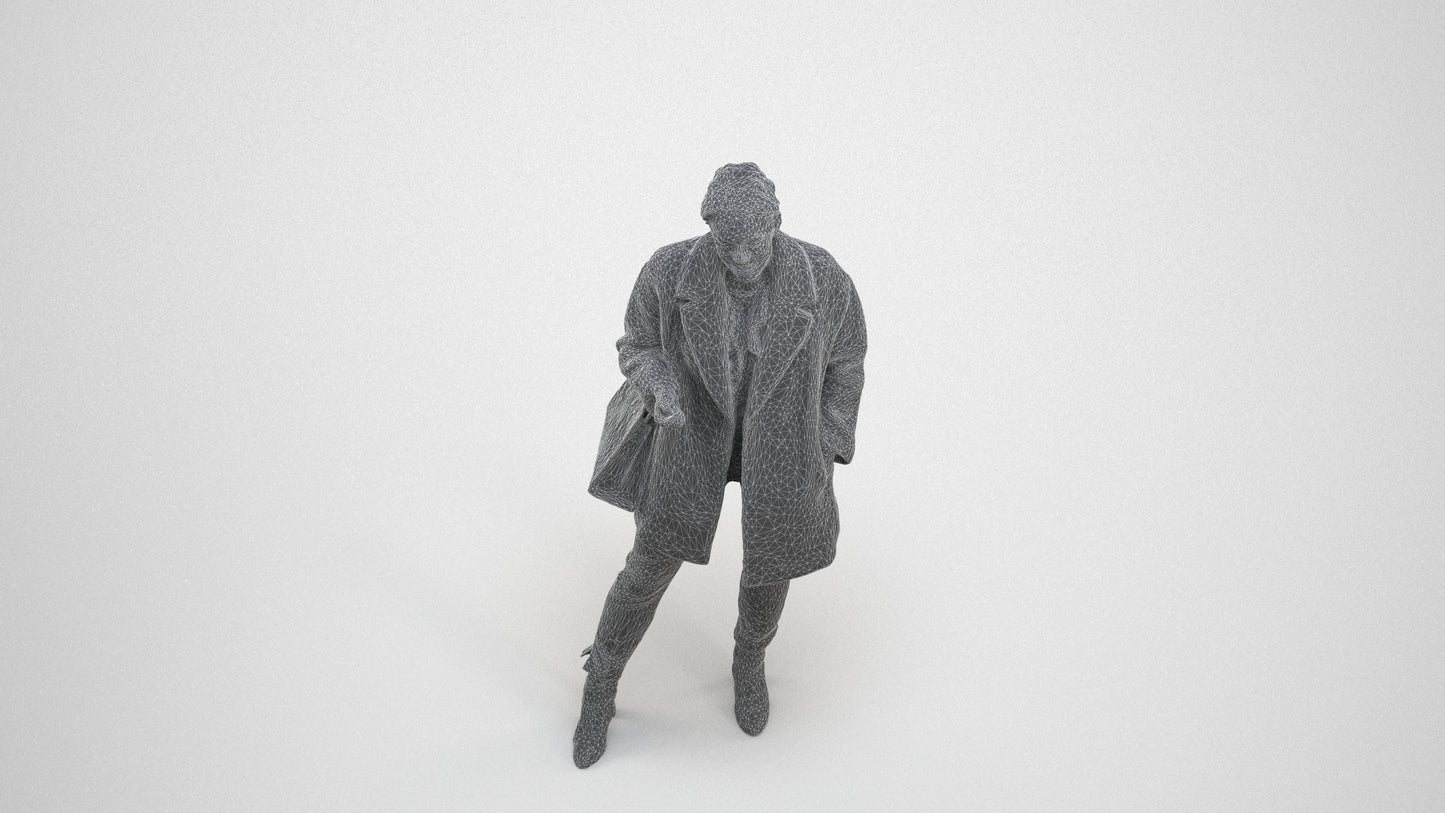 3D human model woman business standing, photogrammetry scanned person for archviz, wireframe three-quarter view