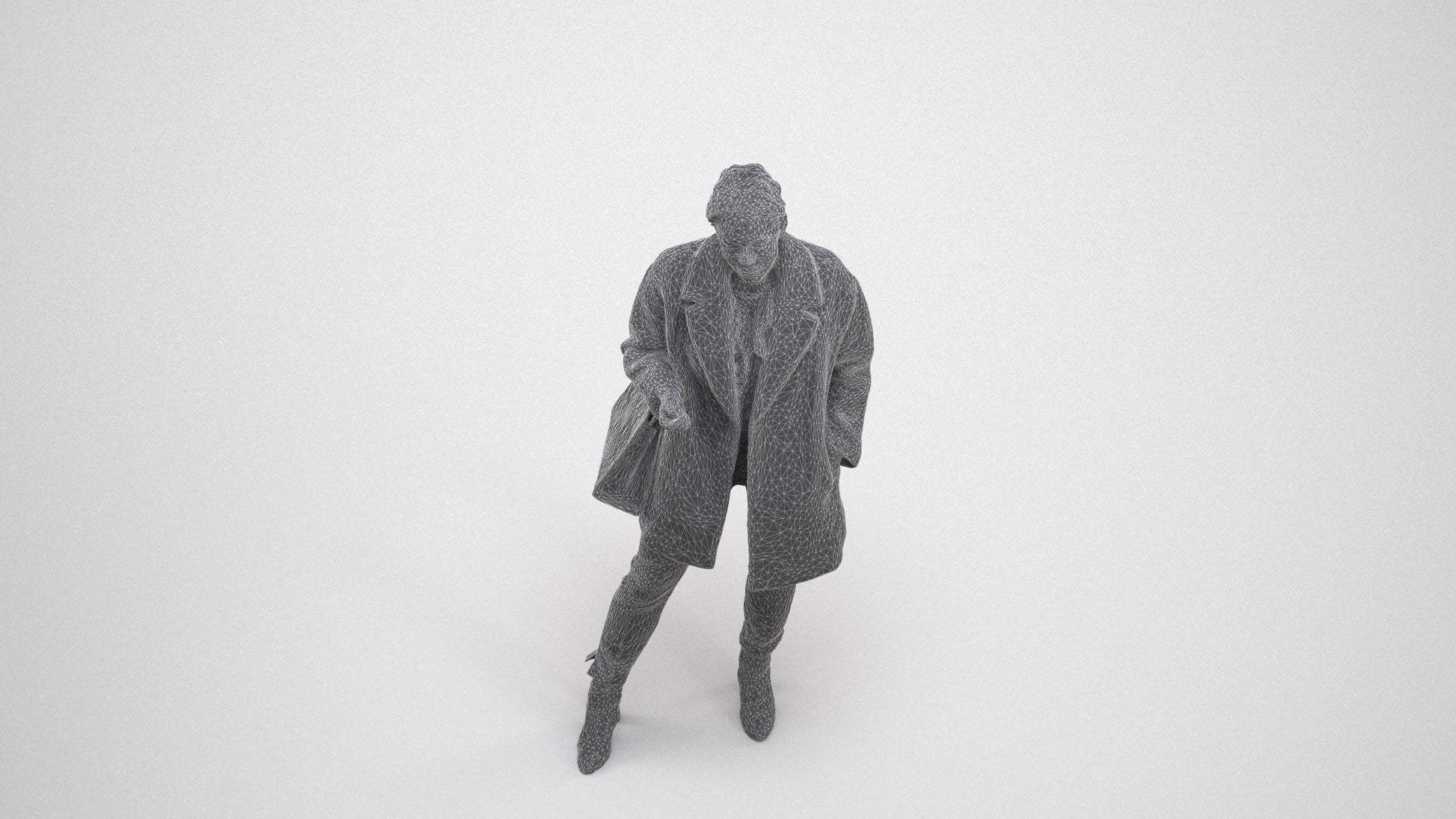 3D human model woman business standing, photogrammetry scanned person for archviz, wireframe three-quarter view