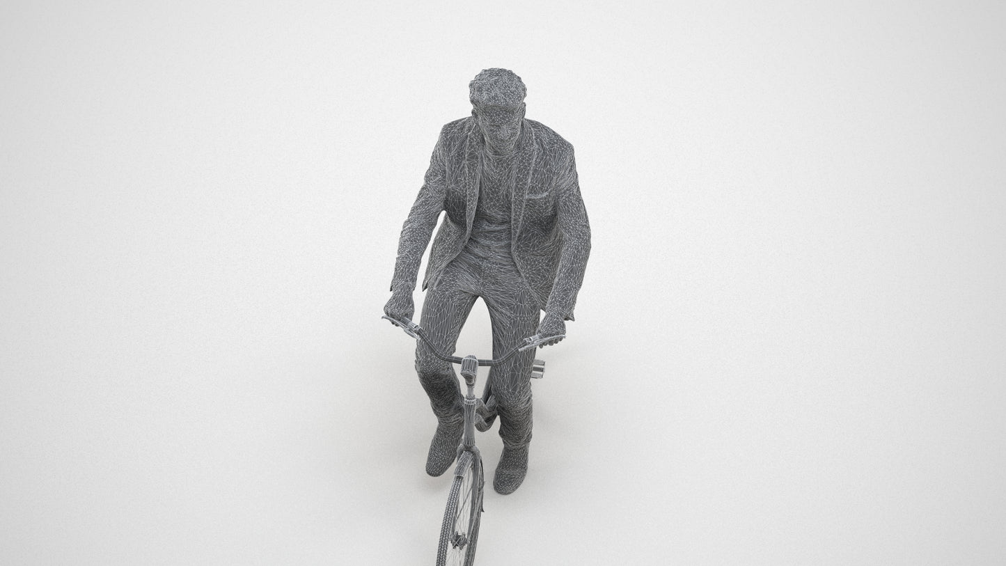 realistic 3D man casual cycling, scanned archviz people for Blender and 3ds Max, wireframe three-quarter view