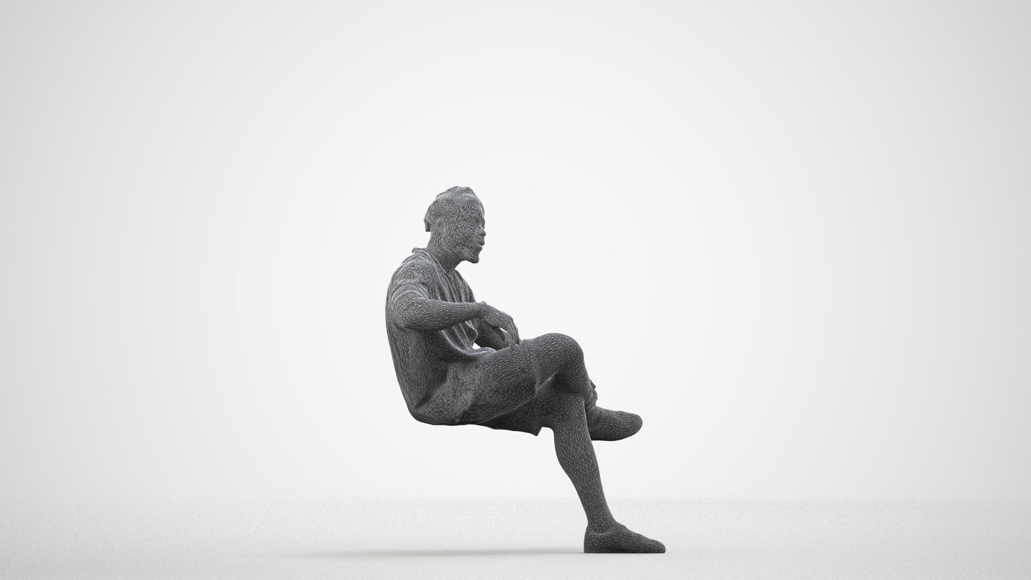 realistic 3D human man casual sitting, archviz people FBX OBJ for Blender, wireframe side view