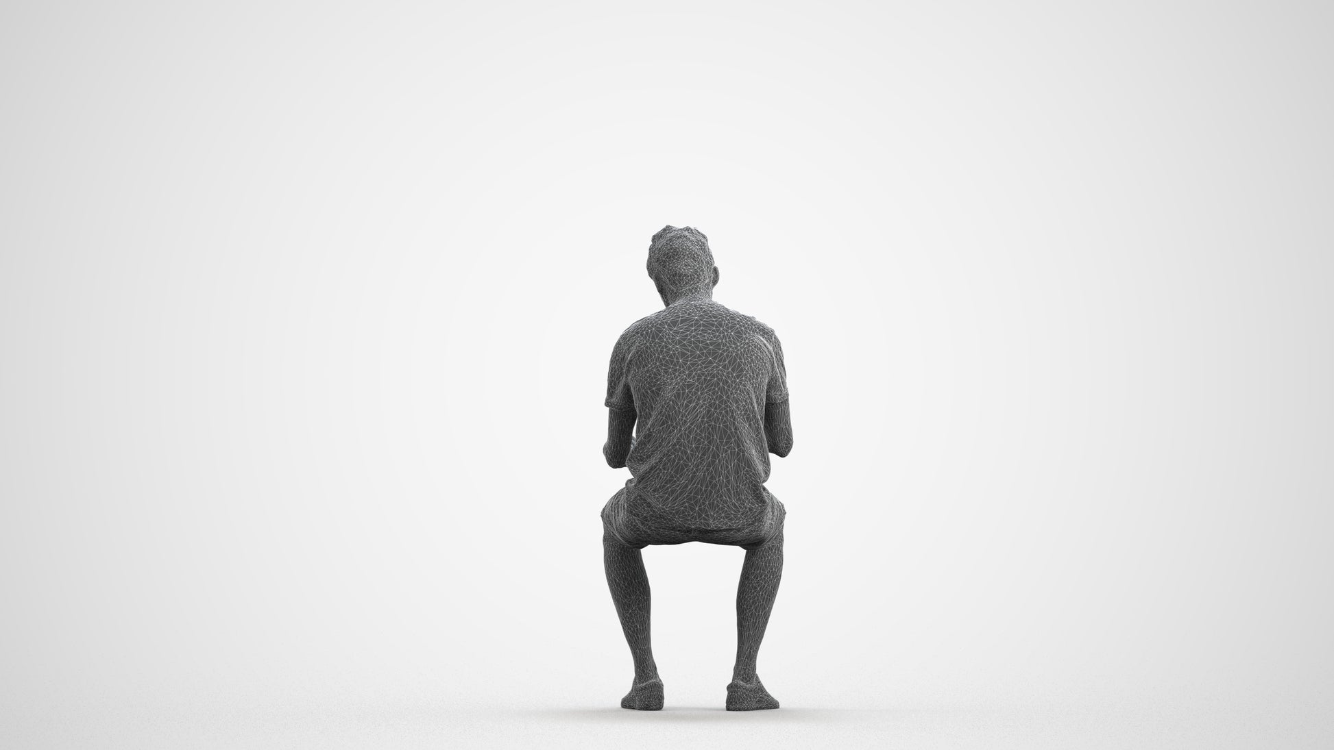 3D human model man casual sitting, photogrammetry scanned person for archviz, wireframe front view