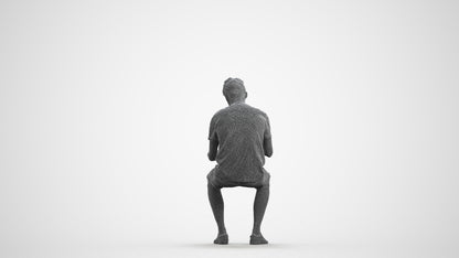 3D human model man casual sitting, photogrammetry scanned person for archviz, wireframe front view