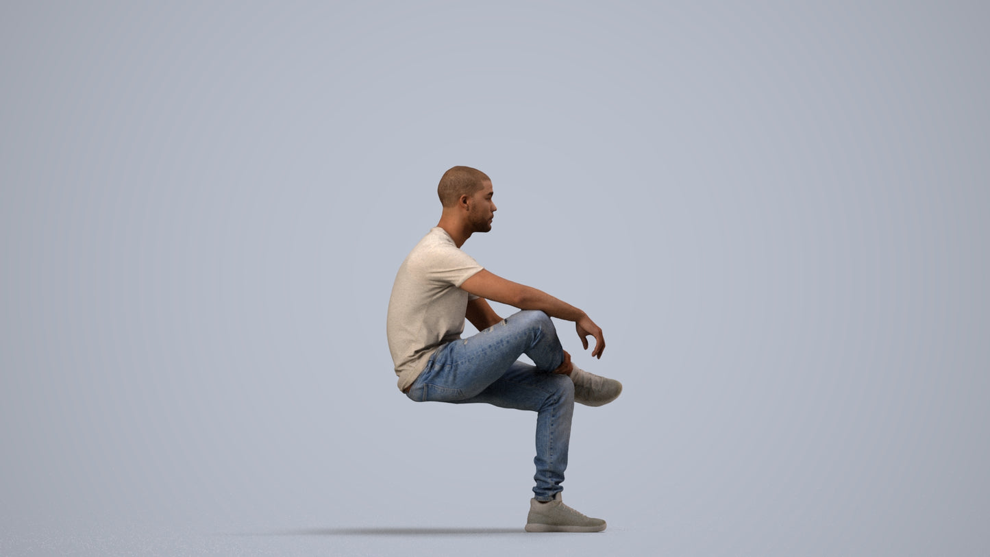 3D human model man casual sitting, photogrammetry scanned person for archviz, side view render