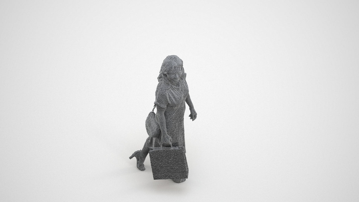 photogrammetry 3D woman casual walking, realistic human model archviz FBX, wireframe three-quarter view