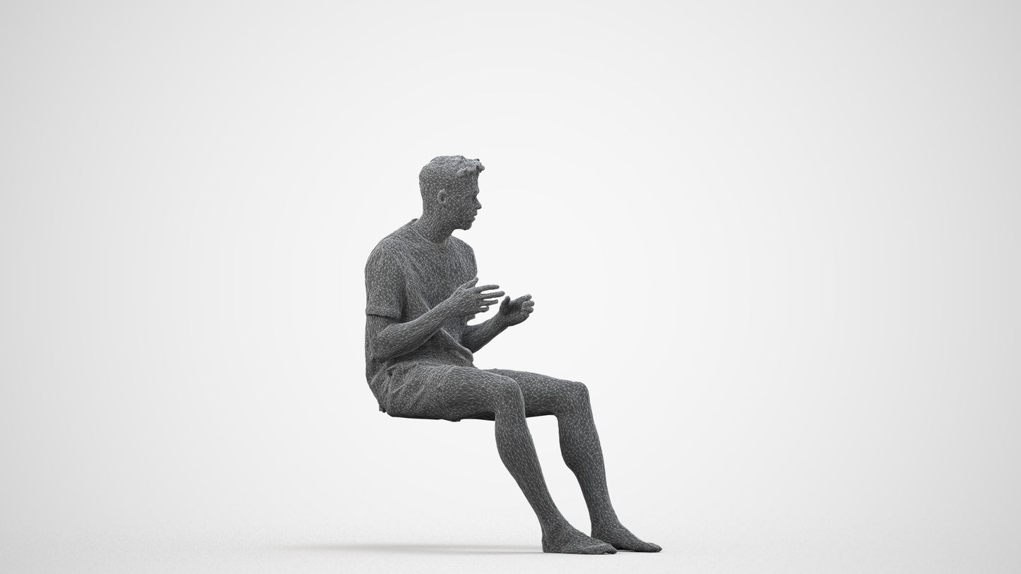 3D scanned man sitting casual, photorealistic archviz people for Enscape and SketchUp, wireframe side view