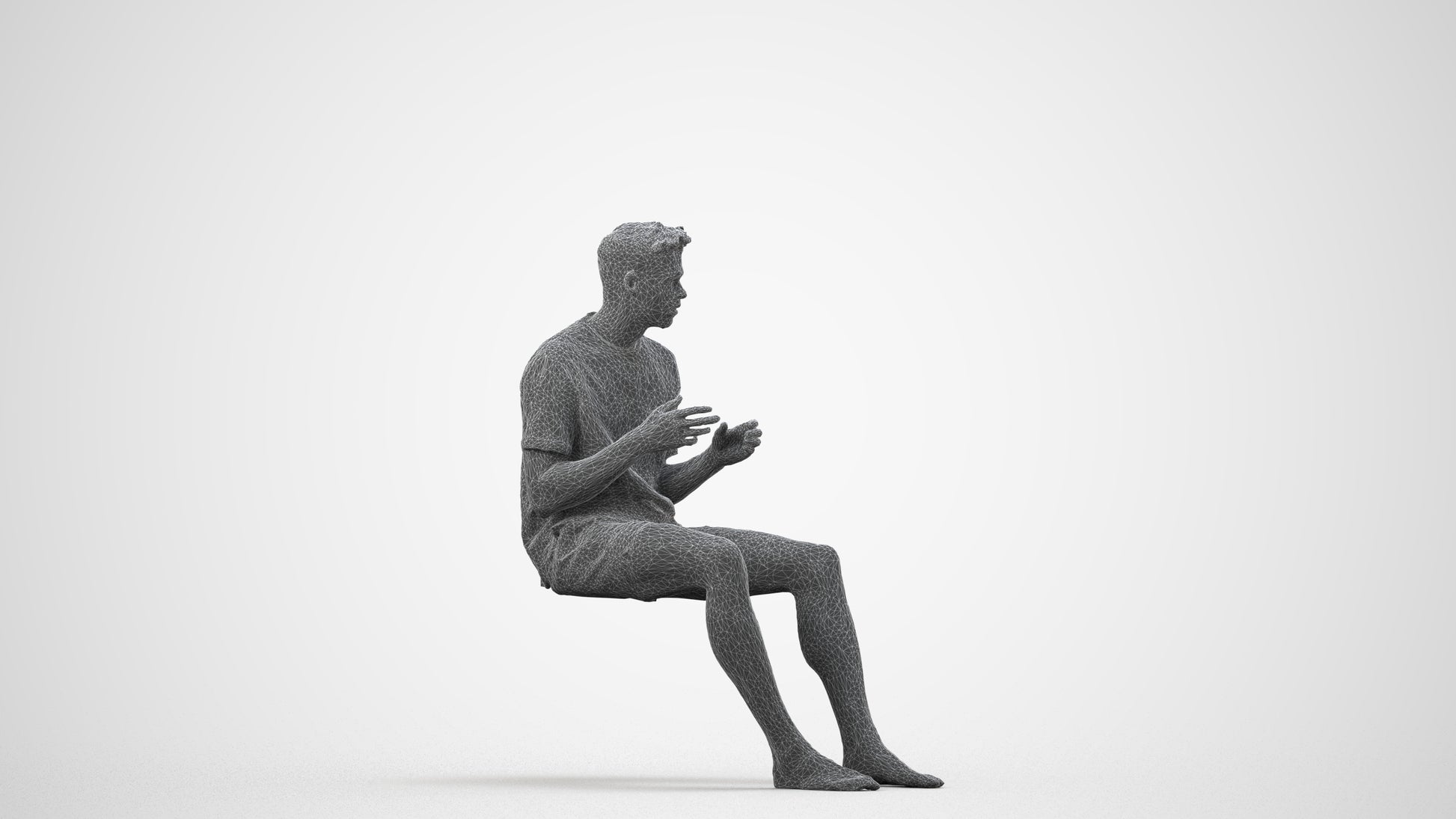 3D scanned man sitting casual, photorealistic archviz people for Enscape and SketchUp, wireframe side view