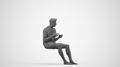 3D scanned man sitting casual, photorealistic archviz people for Enscape and SketchUp, wireframe side view