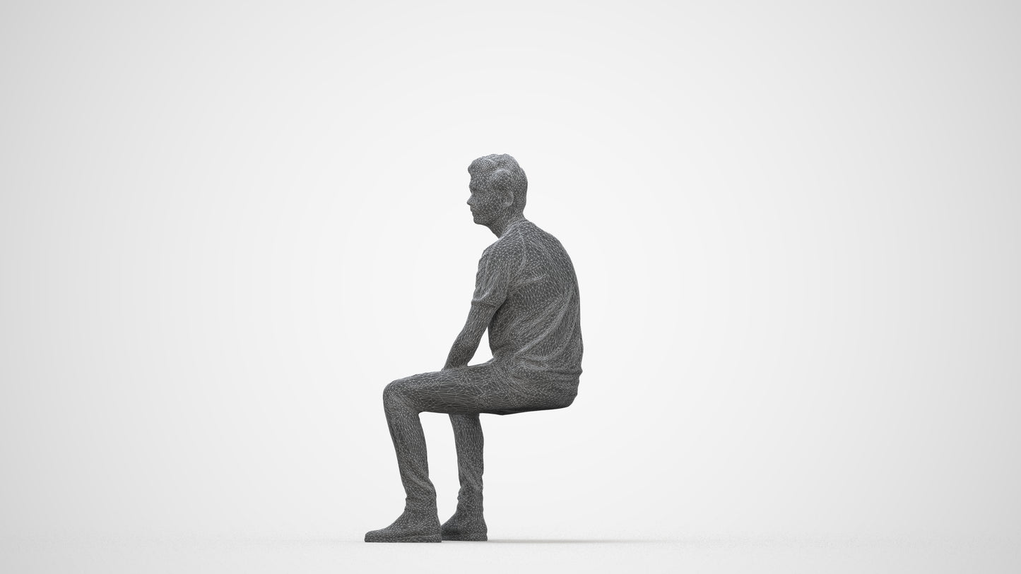 realistic 3D human man casual sitting, archviz people FBX OBJ for Blender, wireframe back view