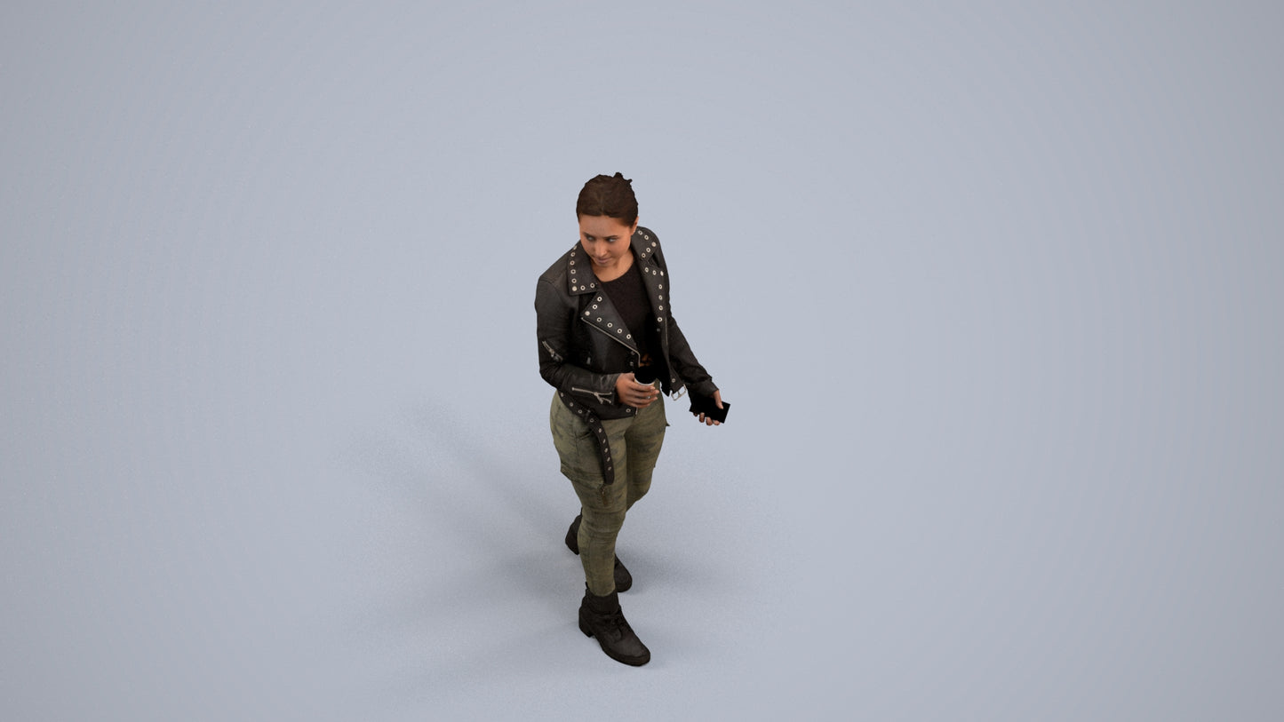 realistic 3D human woman casual walking, archviz people FBX OBJ for Blender, back view render
