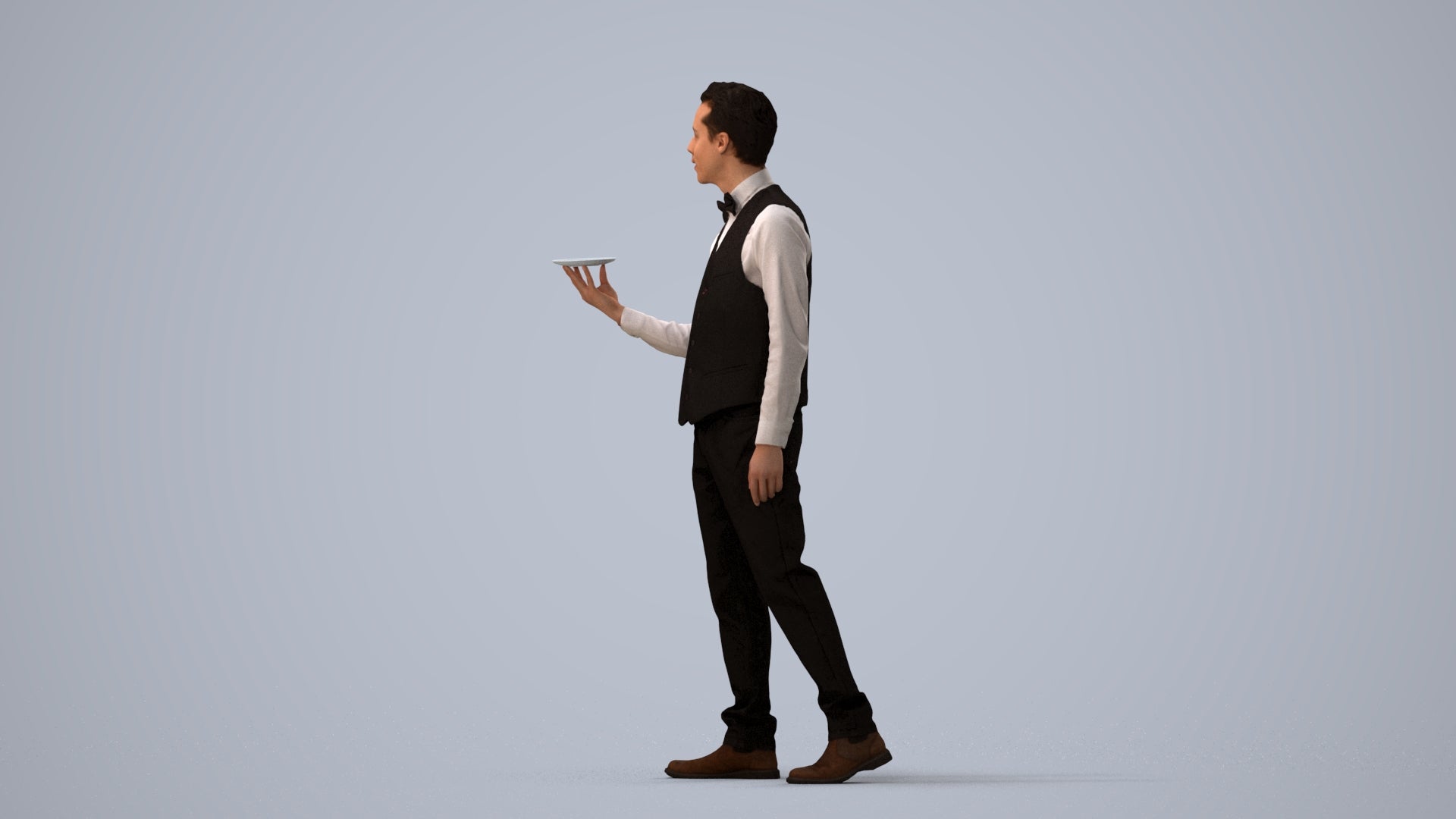 3D people model man hospitality, scanned human for 3ds Max rendering, three-quarter view render