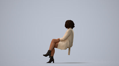photogrammetry 3D woman business sitting, realistic human model archviz FBX, three-quarter view render
