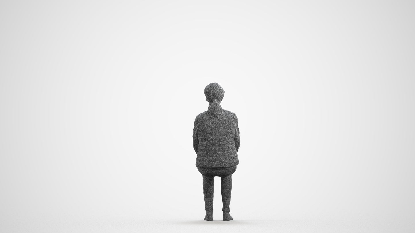 3D people model senior woman casual sitting, scanned human for 3ds Max rendering, wireframe front view