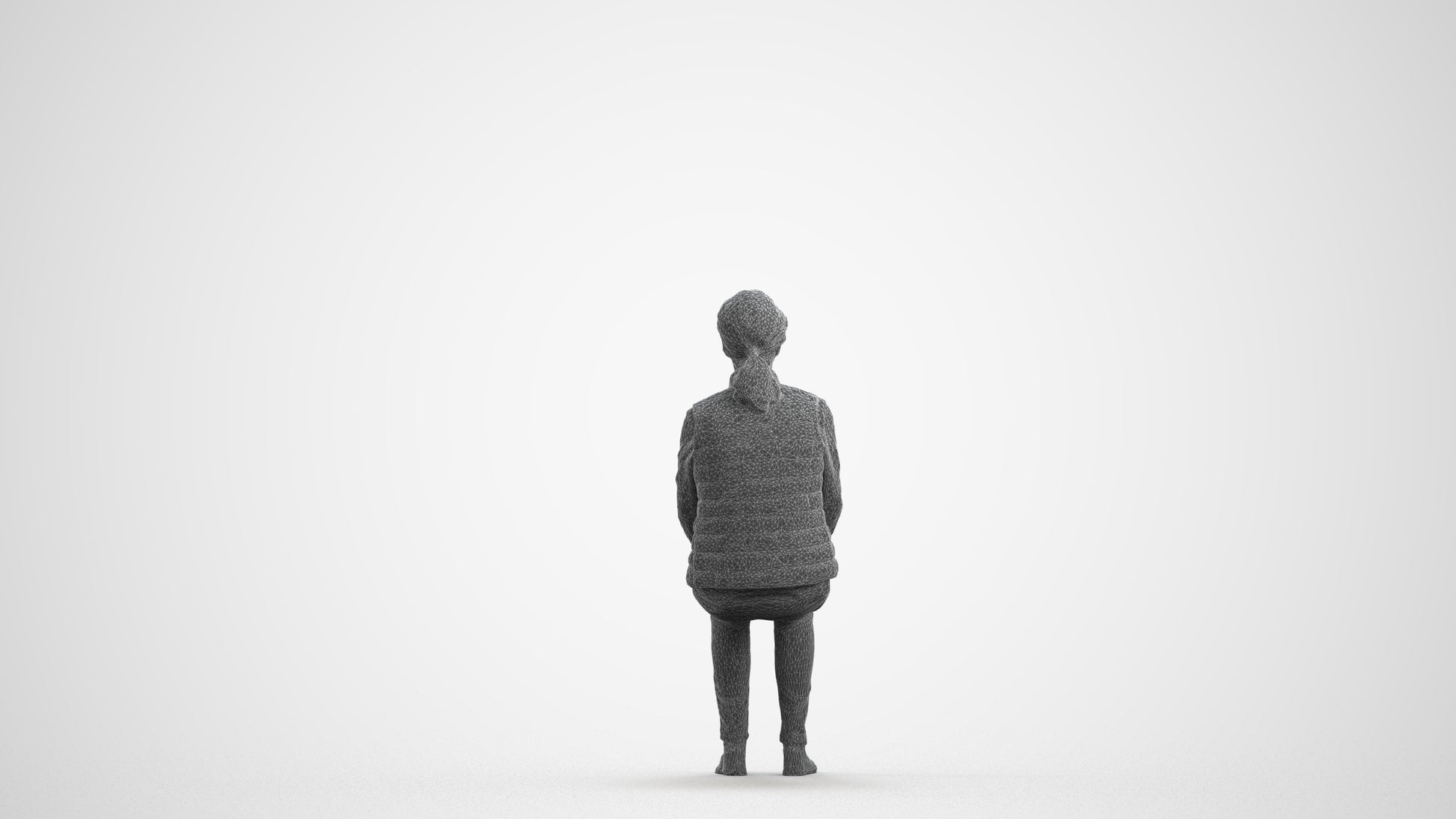 3D people model senior woman casual sitting, scanned human for 3ds Max rendering, wireframe front view