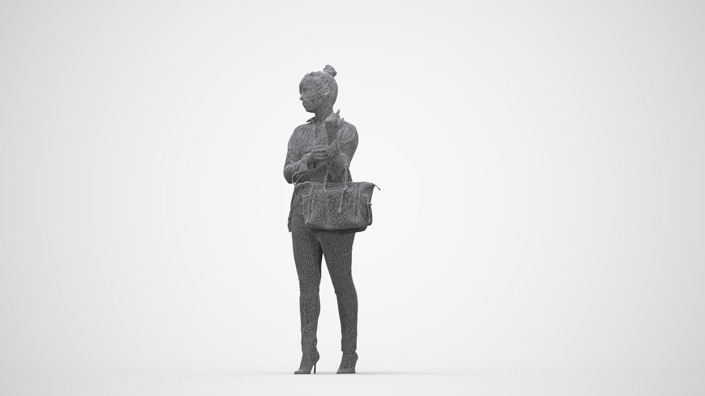 realistic 3D woman business standing, scanned archviz people for Blender and 3ds Max, wireframe back view