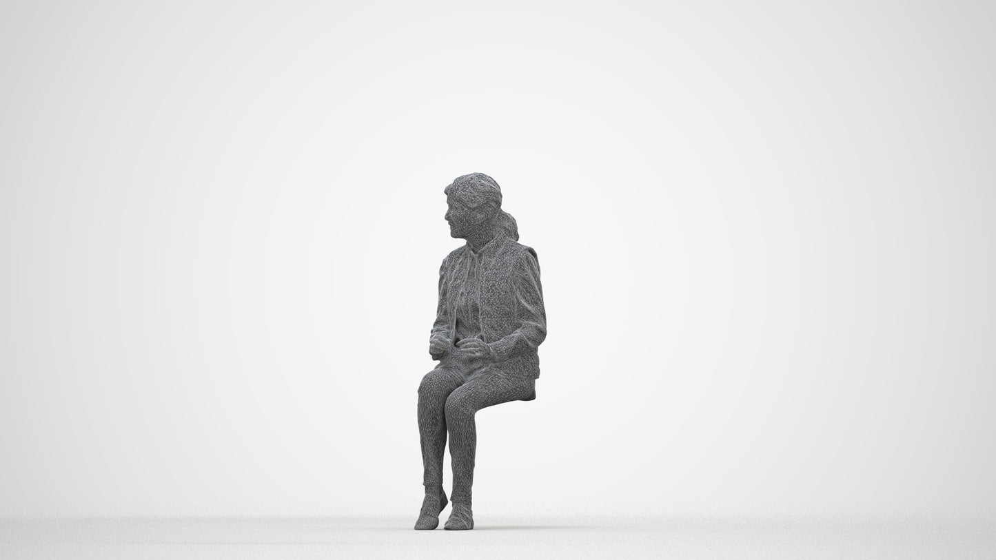 scanned 3D senior woman casual sitting, photogrammetry people for Enscape and V-Ray, wireframe back view