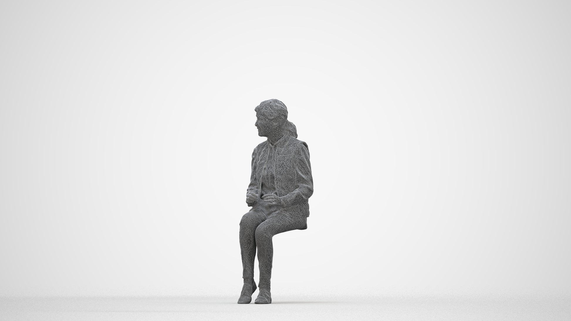 scanned 3D senior woman casual sitting, photogrammetry people for Enscape and V-Ray, wireframe back view