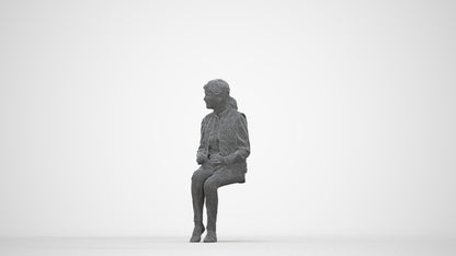 scanned 3D senior woman casual sitting, photogrammetry people for Enscape and V-Ray, wireframe back view