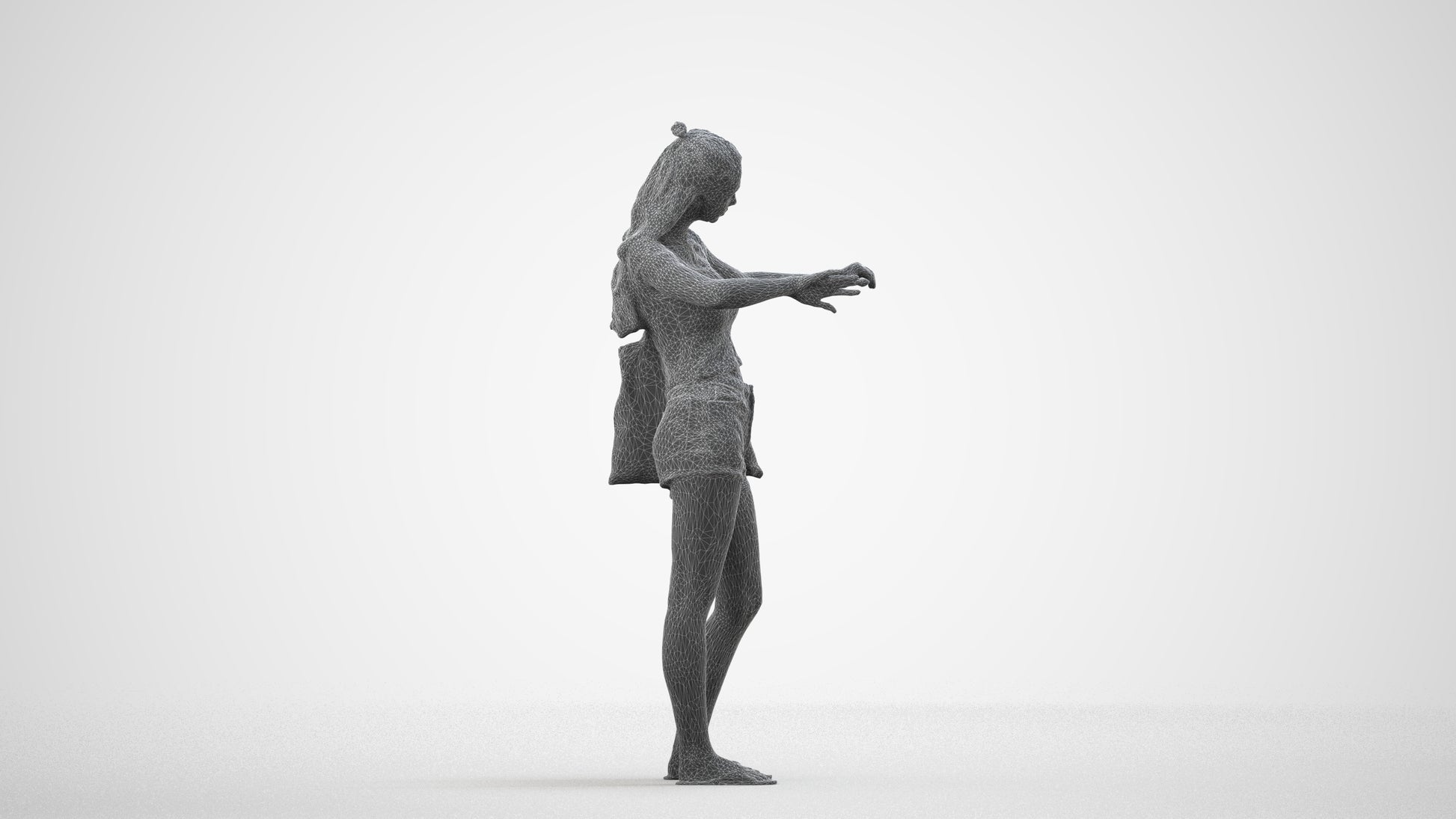 3D people model girl casual shopping, scanned human for 3ds Max rendering, wireframe side view