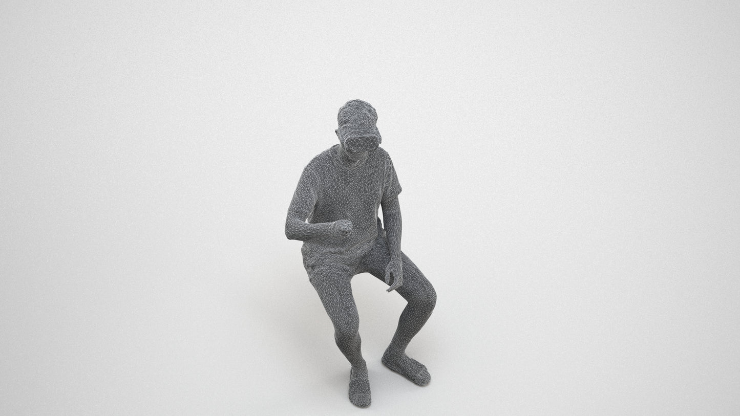 3D human model man casual sitting, photogrammetry scanned person for archviz, wireframe three-quarter view
