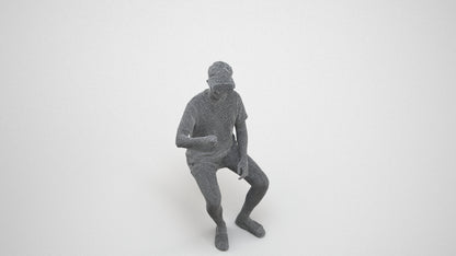 3D human model man casual sitting, photogrammetry scanned person for archviz, wireframe three-quarter view