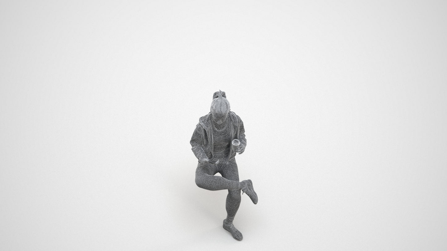 realistic 3D woman sport sitting, scanned archviz people for Blender and 3ds Max, wireframe three-quarter view