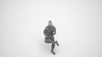 realistic 3D woman sport sitting, scanned archviz people for Blender and 3ds Max, wireframe three-quarter view