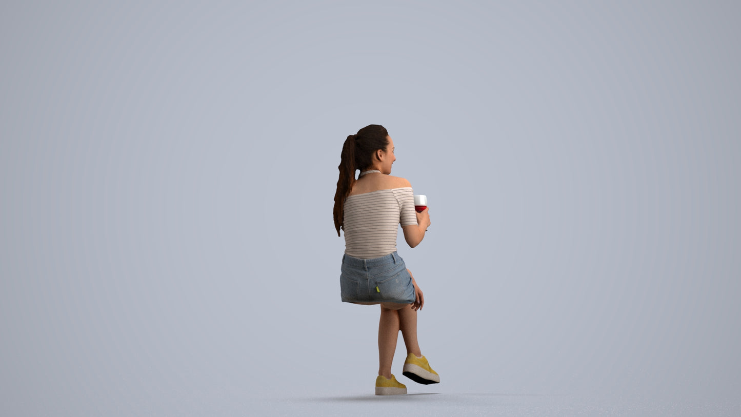 photogrammetry 3D woman casual sitting, realistic human model archviz FBX, front view render