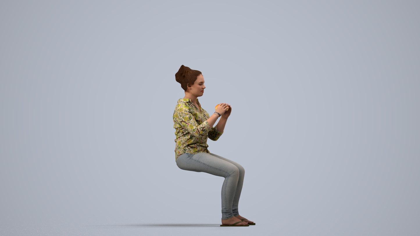 realistic 3D human woman casual sitting, archviz people FBX OBJ for Blender, side view render