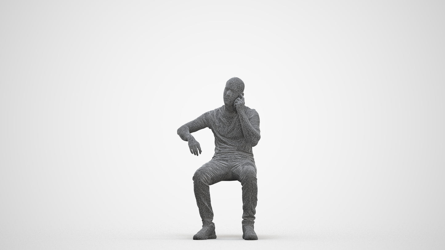 realistic 3D human man casual sitting, archviz people FBX OBJ for Blender, three-quarter front view render