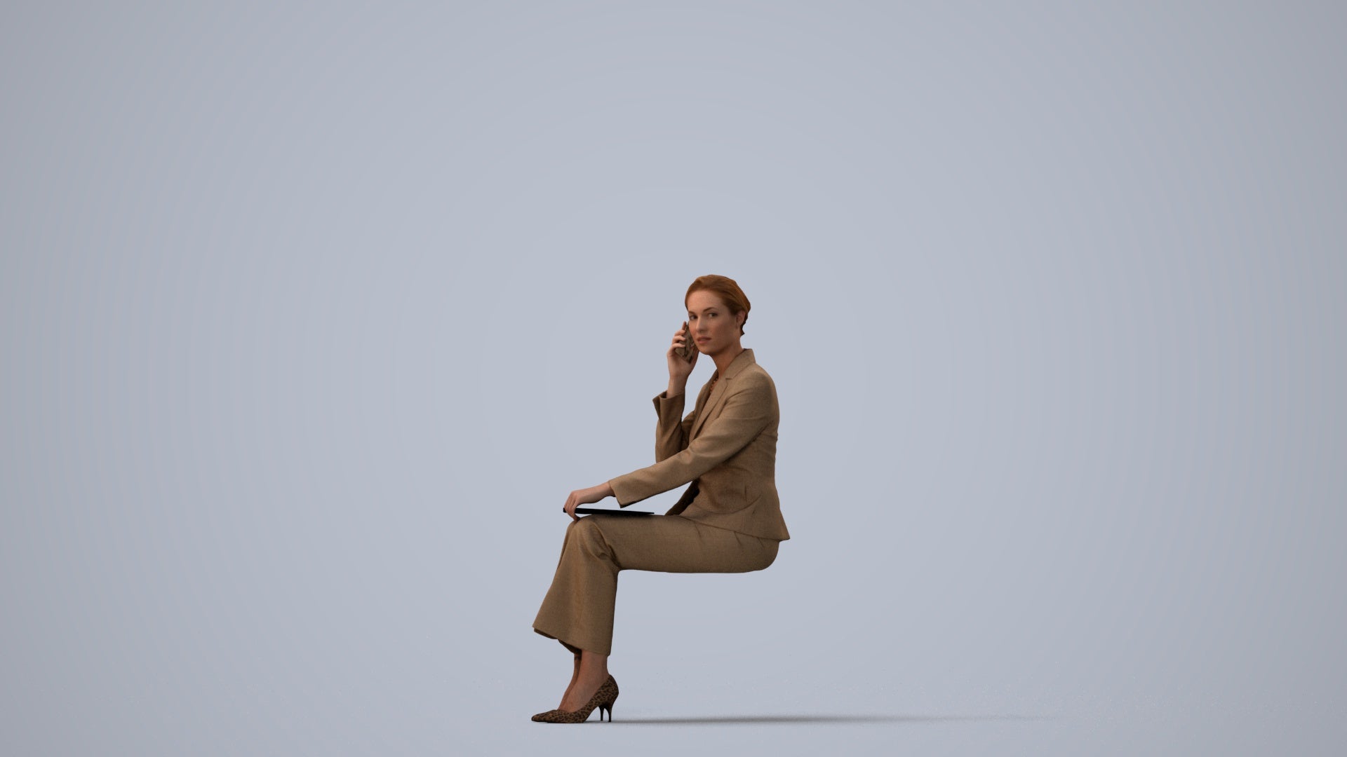 3D human model woman casual mix, photogrammetry scanned person for archviz, three-quarter view render