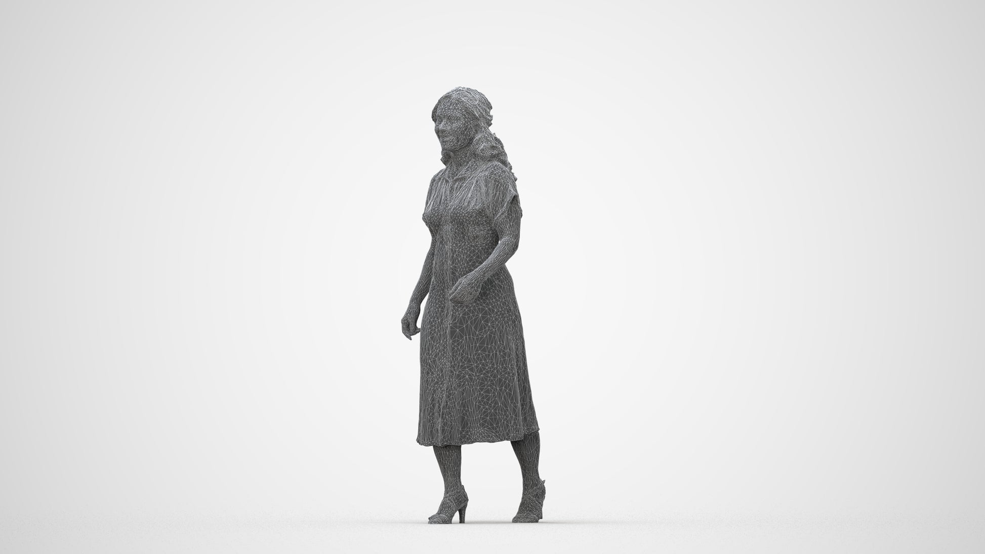 realistic 3D woman casual standing, scanned archviz people for Blender and 3ds Max, wireframe back view