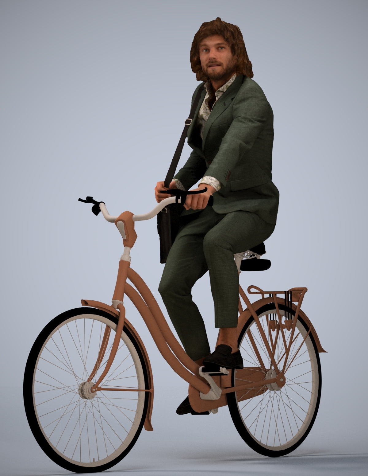 3D human model man business cycling, photogrammetry scanned person for archviz