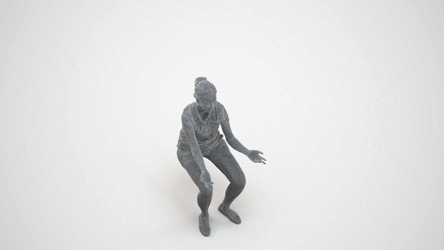 realistic 3D people woman casual sitting, render-ready for V-Ray and Corona, FBX OBJ, wireframe three-quarter view