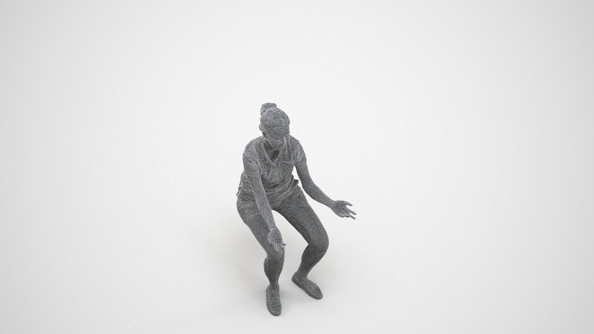 realistic 3D people woman casual sitting, render-ready for V-Ray and Corona, FBX OBJ, wireframe three-quarter view