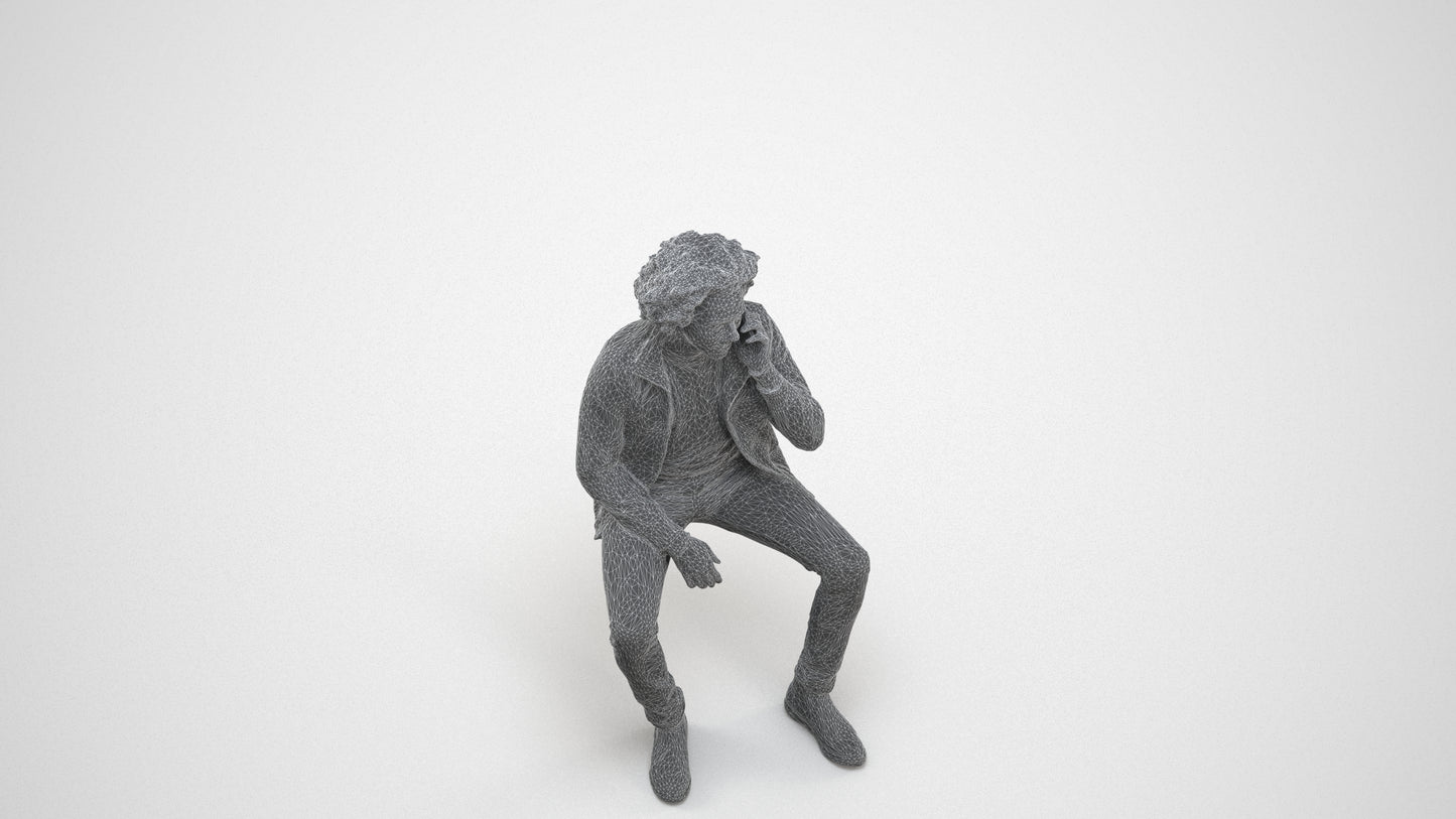 3D people model man casual sitting, scanned human for 3ds Max rendering, wireframe three-quarter view