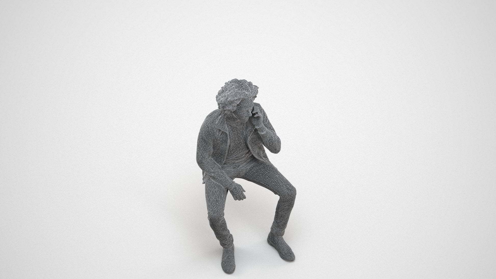 3D people model man casual sitting, scanned human for 3ds Max rendering, wireframe three-quarter view