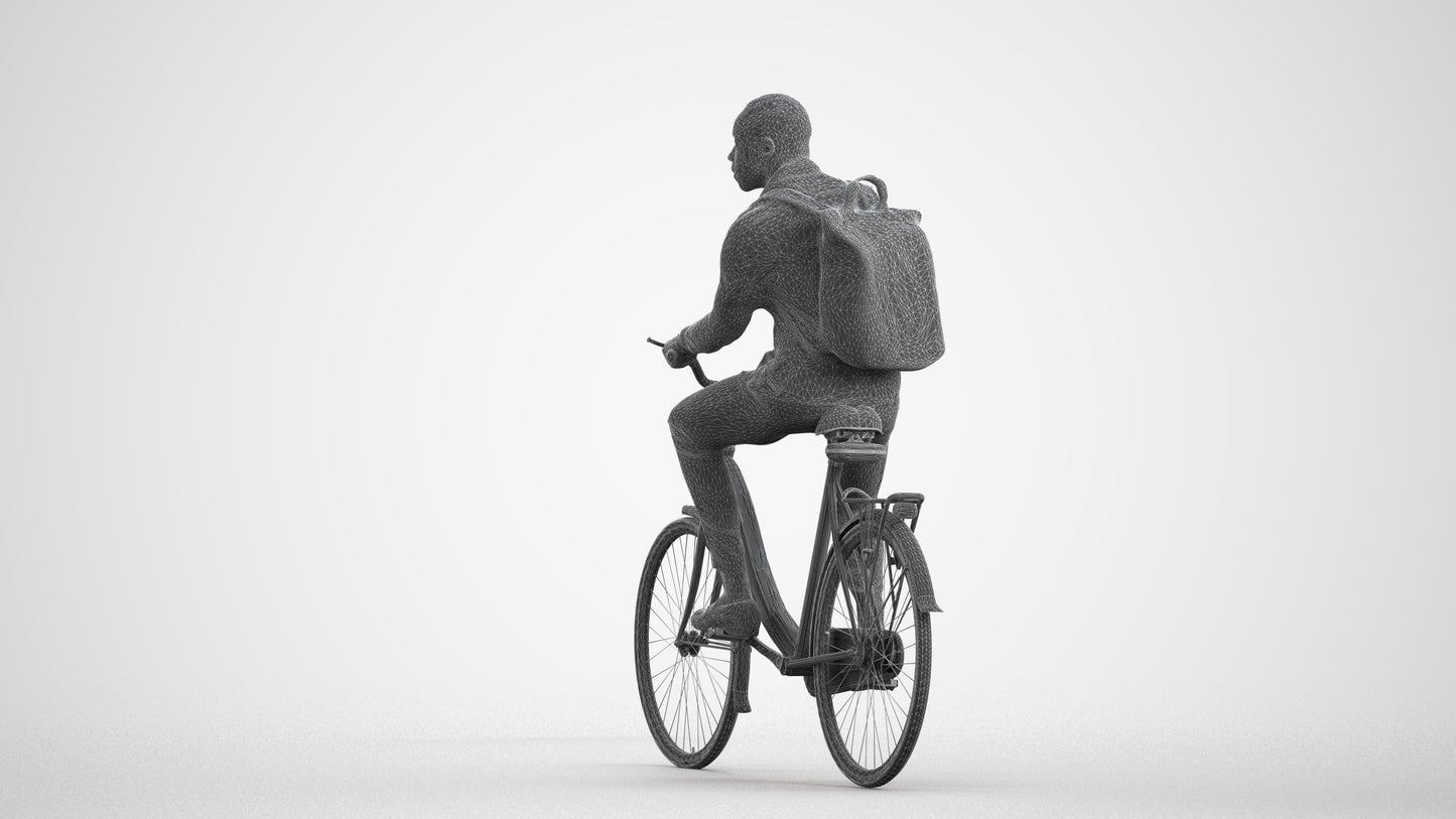 photogrammetry 3D man business cycling, realistic human model archviz FBX, wireframe front view