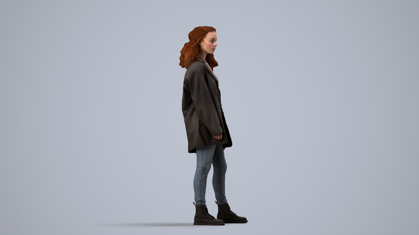 realistic 3D human woman casual standing, archviz people FBX OBJ for Blender, side view render