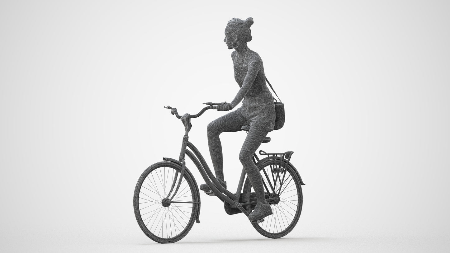 realistic 3D human woman casual cycling, archviz people FBX OBJ for Blender, square thumbnail