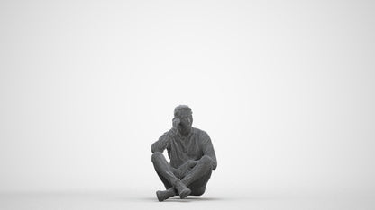 3D scanned man sitting casual, photorealistic archviz people for Enscape and SketchUp, three-quarter front view render