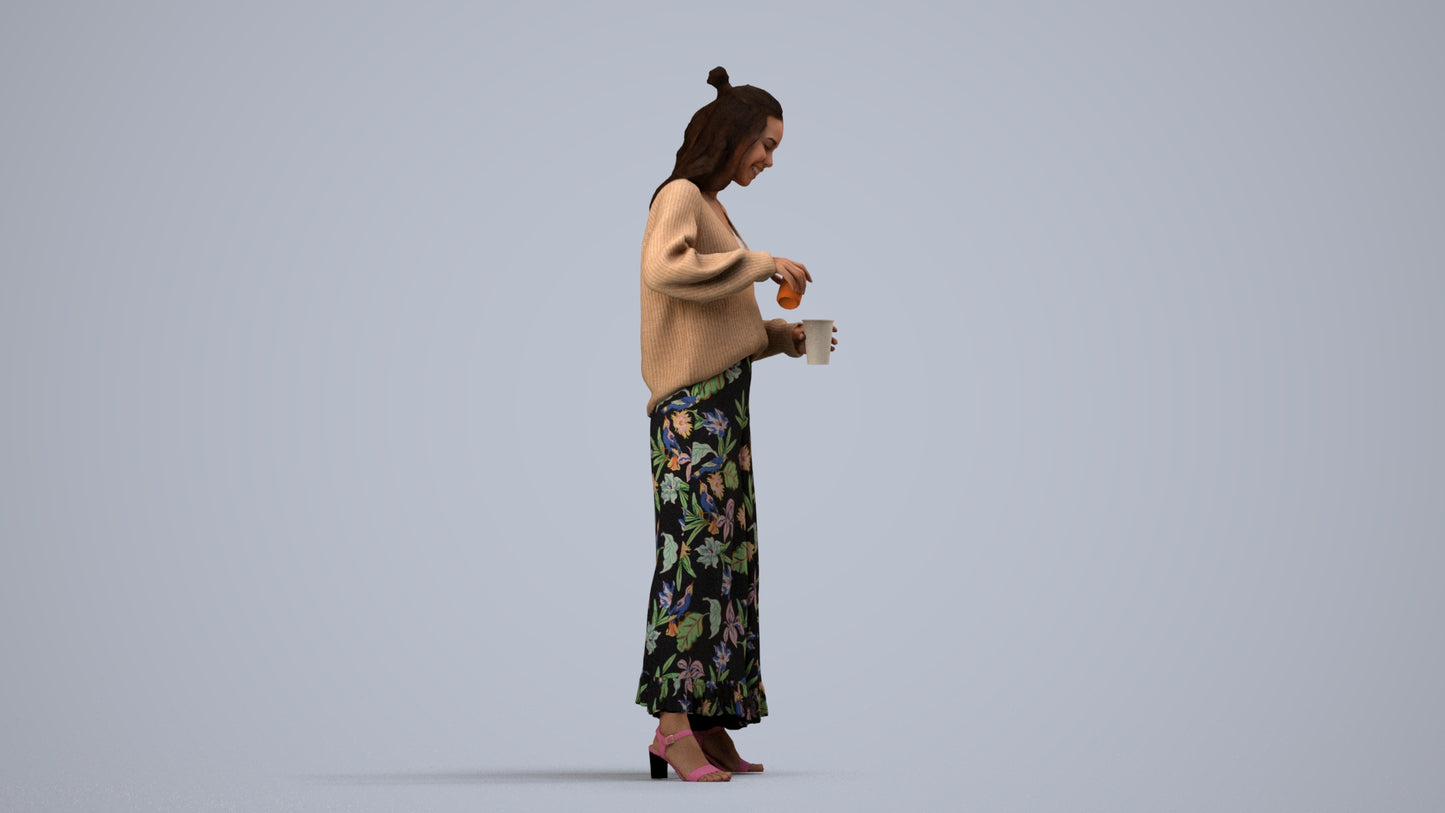 3D people model woman casual standing, scanned human for 3ds Max rendering, side view render
