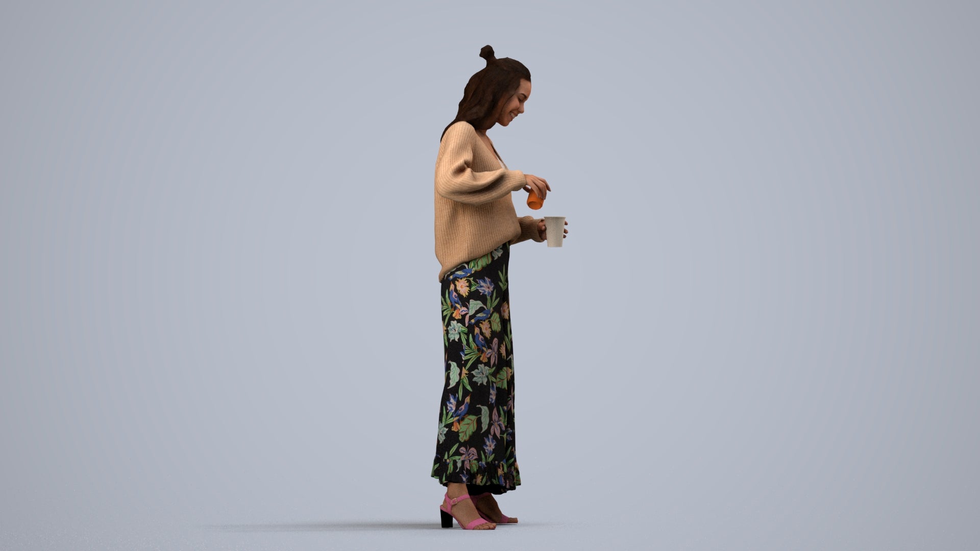 3D people model woman casual standing, scanned human for 3ds Max rendering, side view render