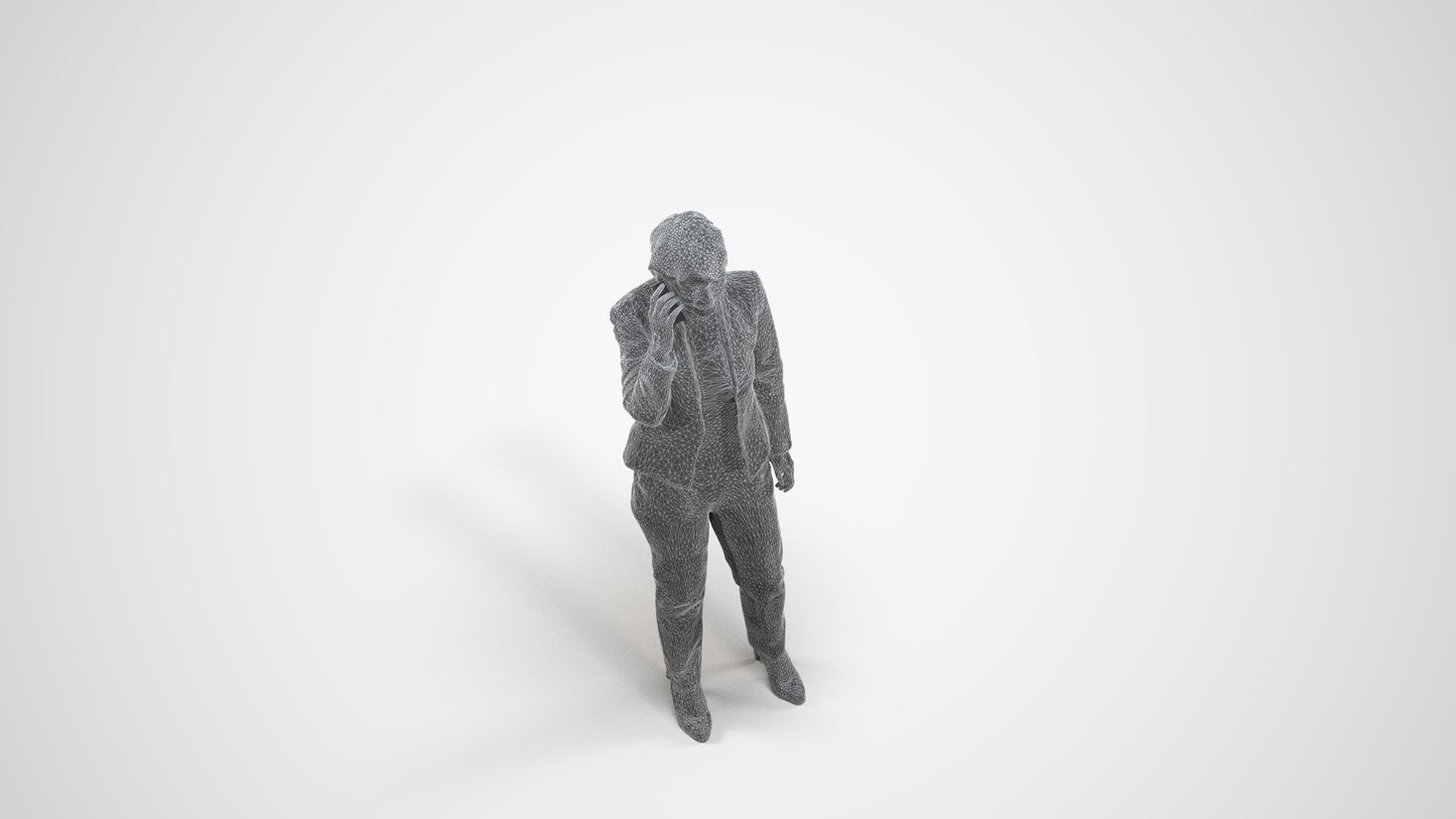 realistic 3D senior woman business standing, scanned archviz people for Blender and 3ds Max, wireframe three-quarter view