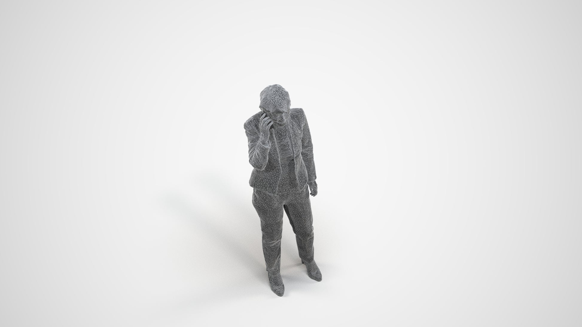 realistic 3D senior woman business standing, scanned archviz people for Blender and 3ds Max, wireframe three-quarter view