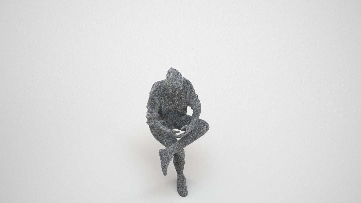 photogrammetry 3D woman casual sitting, realistic human model archviz FBX, wireframe three-quarter view