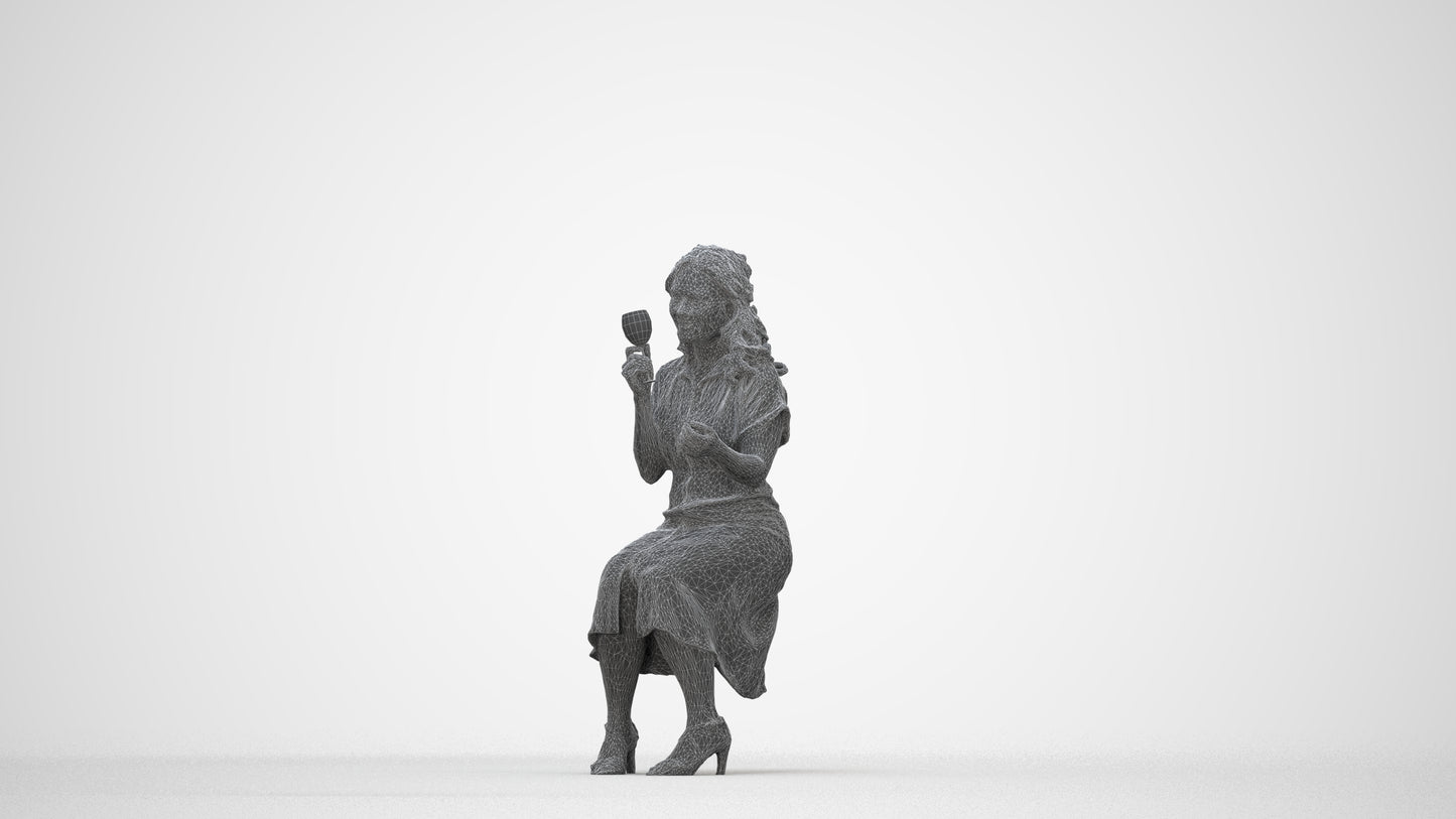 3D human model woman casual sitting, photogrammetry scanned person for archviz, wireframe back view