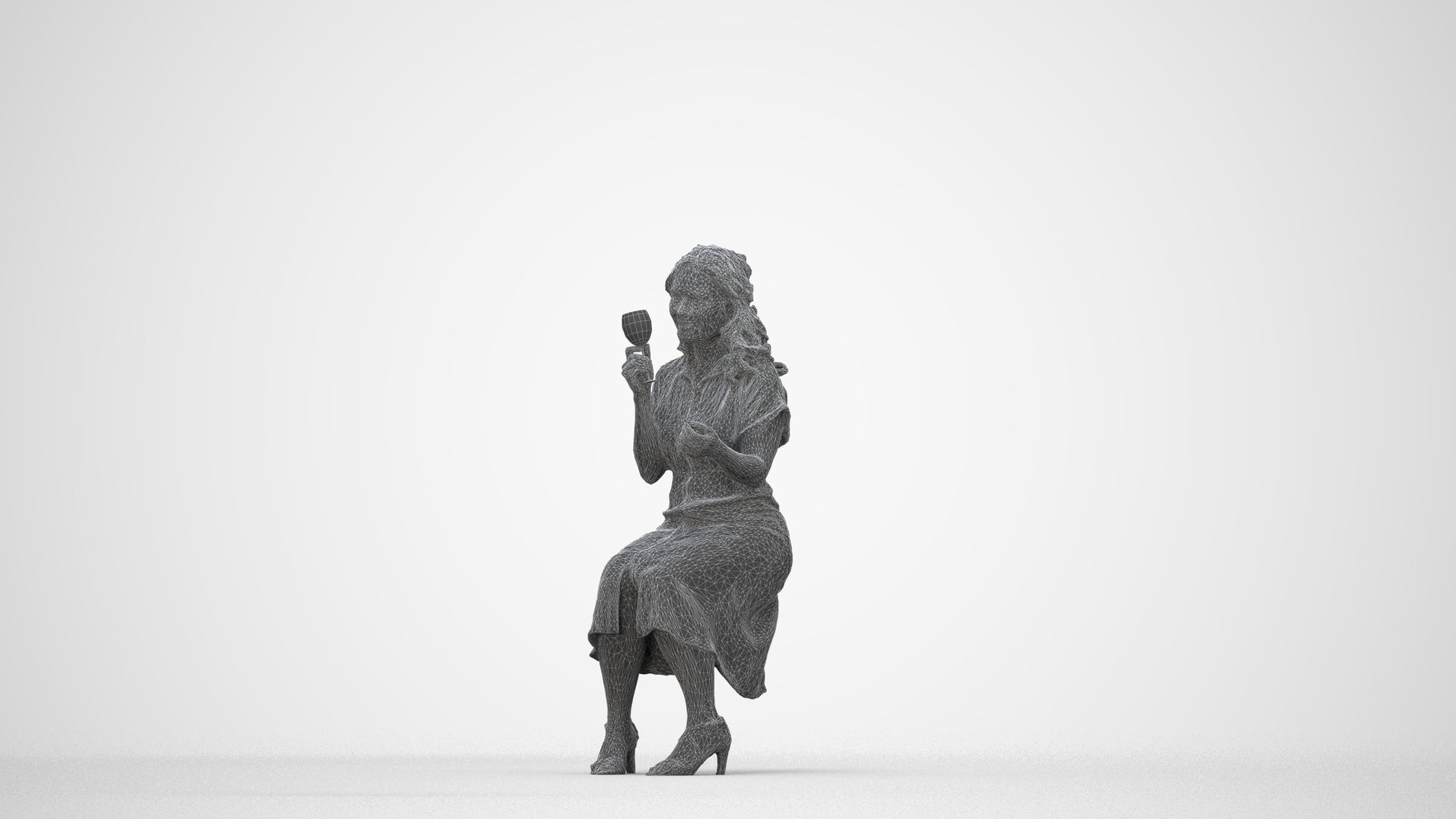 3D human model woman casual sitting, photogrammetry scanned person for archviz, wireframe back view
