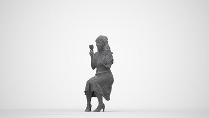 3D human model woman casual sitting, photogrammetry scanned person for archviz, wireframe back view